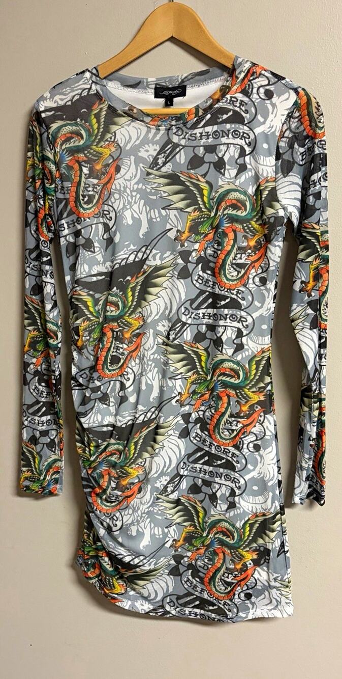 Ed Hardy | LONG SLEEVE DRAGON MESH TATTOO INPIRED | MINI DRESS | Y2K | LARGE